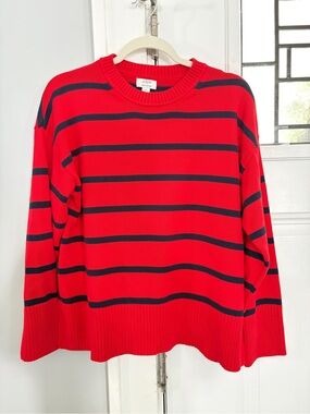 J. Crew Red with Navy Stripe Crewneck Sweater